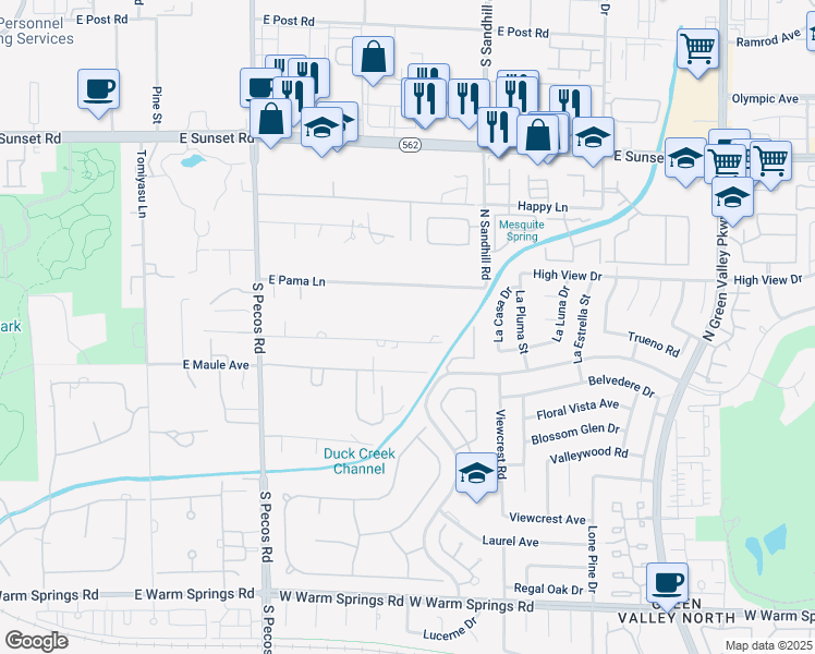 map of restaurants, bars, coffee shops, grocery stores, and more near 3675 East Pama Lane in Las Vegas
