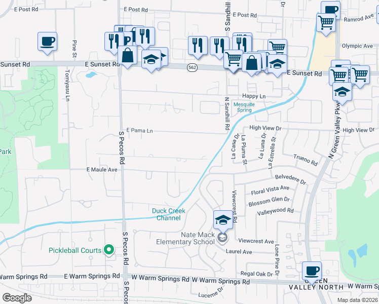 map of restaurants, bars, coffee shops, grocery stores, and more near 3675 East Pama Lane in Las Vegas