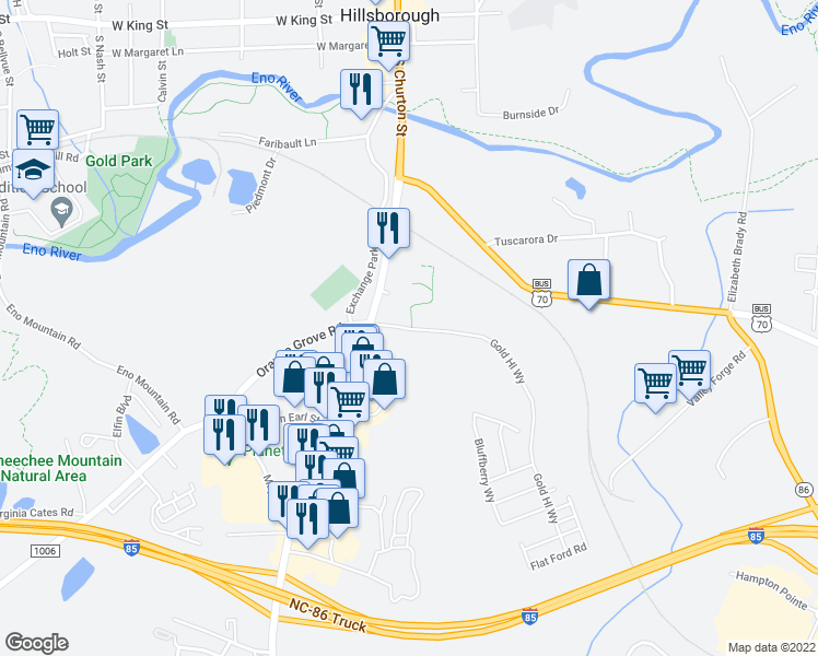 map of restaurants, bars, coffee shops, grocery stores, and more near 231 Orange Grove Street in Hillsborough