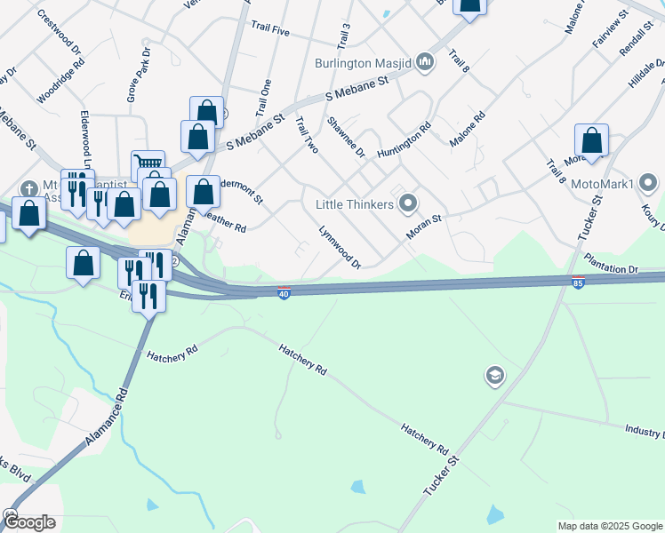 map of restaurants, bars, coffee shops, grocery stores, and more near 811 Lynnwood Drive in Burlington