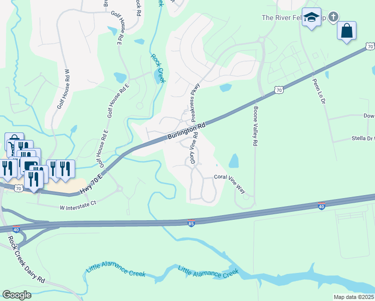 map of restaurants, bars, coffee shops, grocery stores, and more near 6331 Inkberry Drive in Whitsett