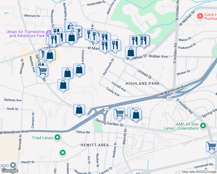 map of restaurants, bars, coffee shops, grocery stores, and more near 4416 Trinity Avenue in Greensboro