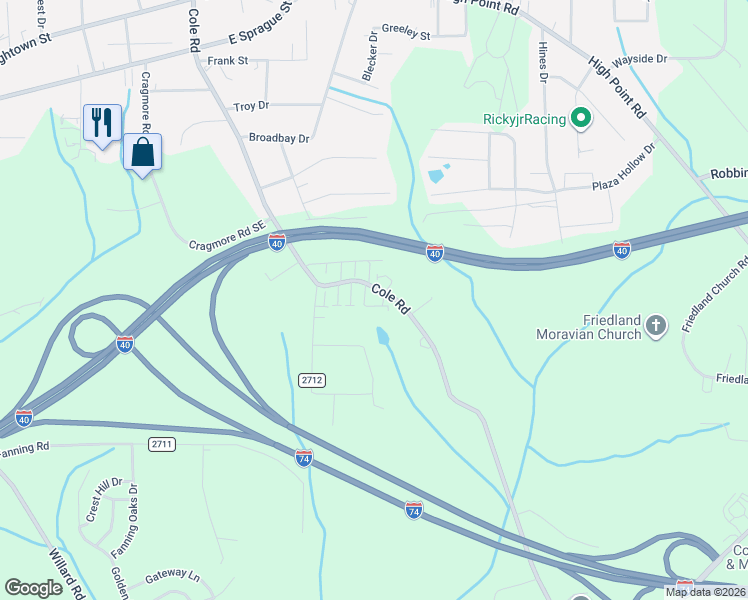 map of restaurants, bars, coffee shops, grocery stores, and more near 813 Meadow Ridge Court in Winston-Salem