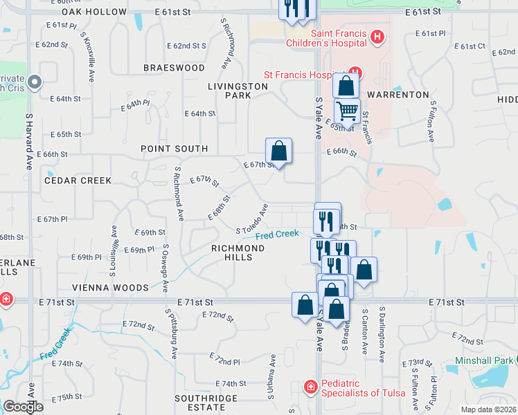 map of restaurants, bars, coffee shops, grocery stores, and more near 4426 East 68th Street in Tulsa