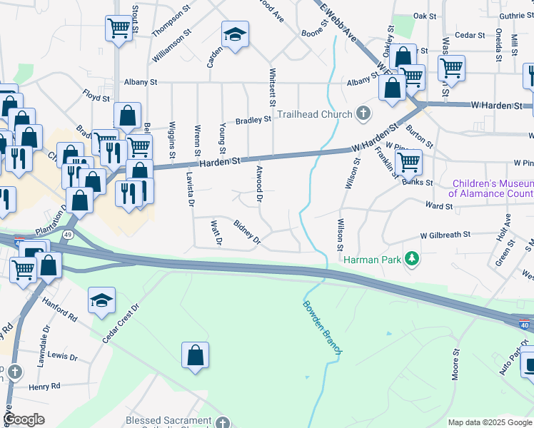 map of restaurants, bars, coffee shops, grocery stores, and more near 2400 Atwood Drive in Burlington