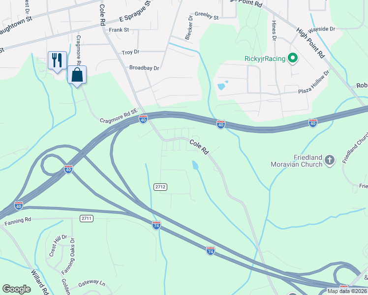 map of restaurants, bars, coffee shops, grocery stores, and more near 804 Meadow Ridge Court in Winston-Salem