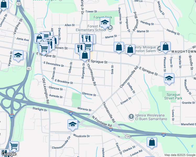 map of restaurants, bars, coffee shops, grocery stores, and more near 1010 Goldfloss Street in Winston-Salem