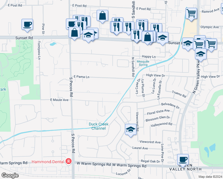 map of restaurants, bars, coffee shops, grocery stores, and more near 3630 Tobias Lane in Las Vegas