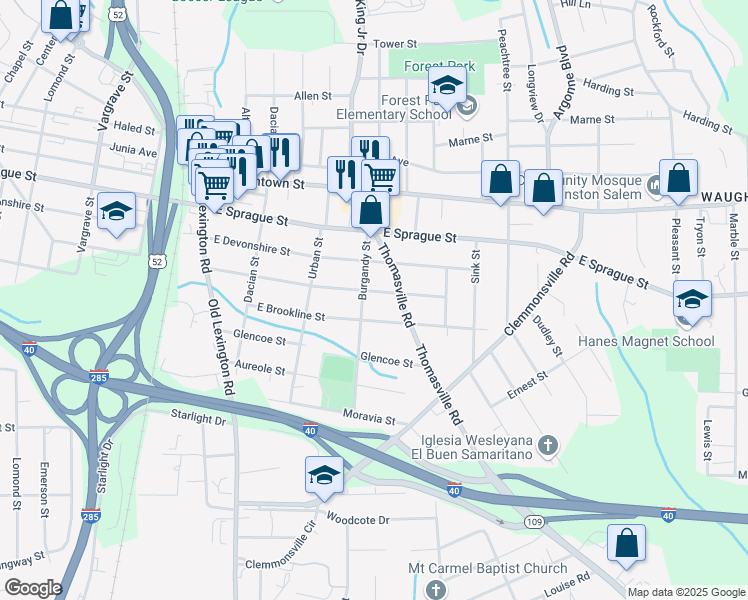 map of restaurants, bars, coffee shops, grocery stores, and more near 908 Goldfloss St in Winston-Salem