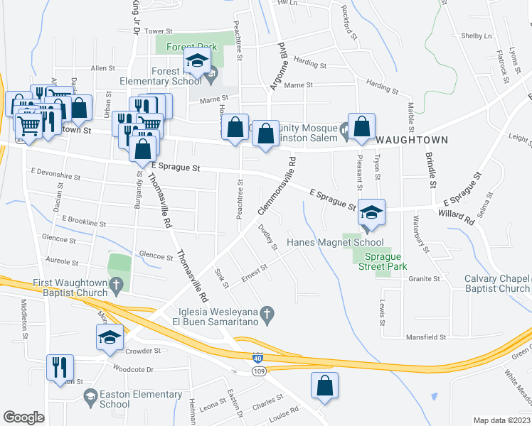 map of restaurants, bars, coffee shops, grocery stores, and more near 1236 Clemmonsville Road in Winston-Salem