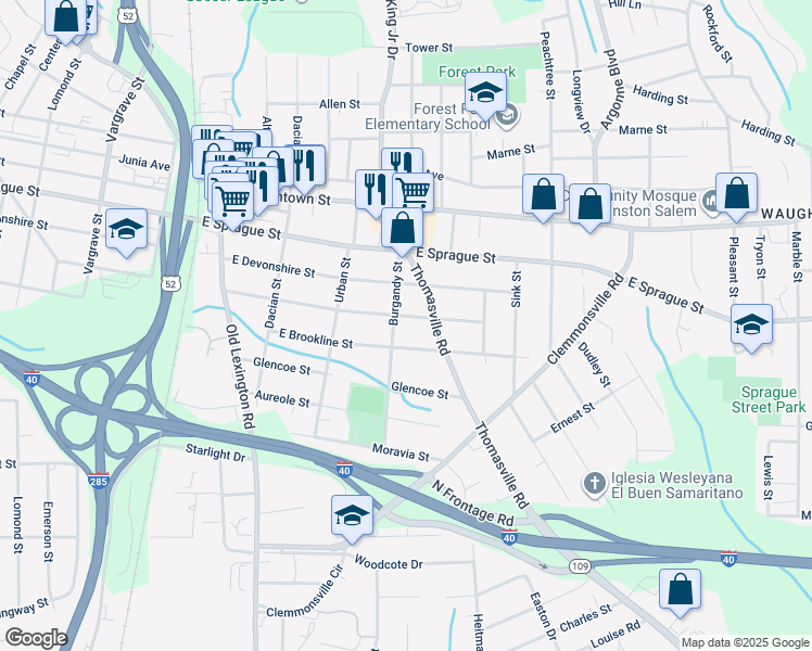 map of restaurants, bars, coffee shops, grocery stores, and more near 908 Goldfloss Street in Winston-Salem