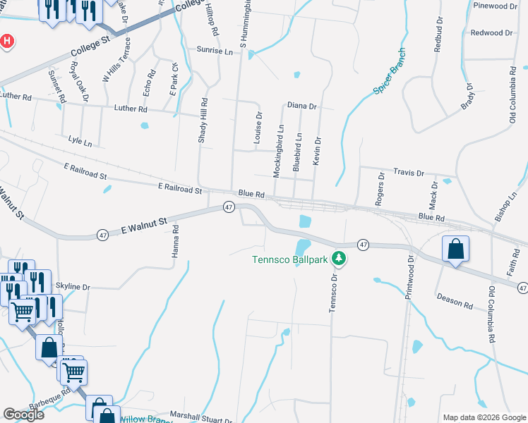 map of restaurants, bars, coffee shops, grocery stores, and more near 1333 Tennessee 47 in Dickson