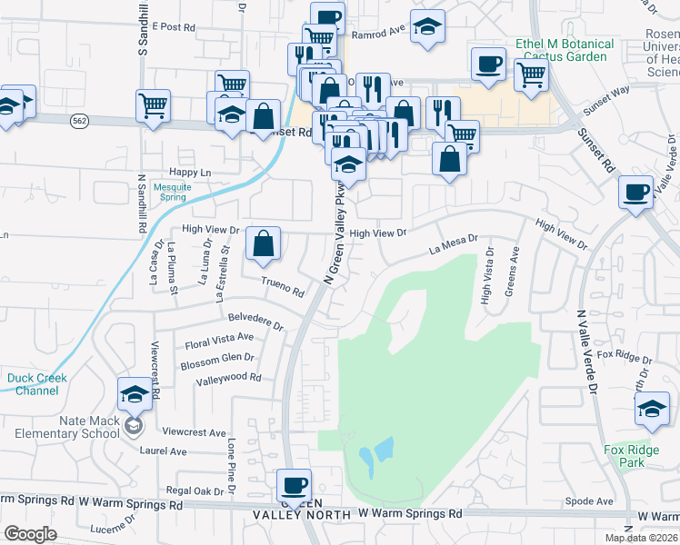 map of restaurants, bars, coffee shops, grocery stores, and more near 2415 Pickwick Drive in Henderson