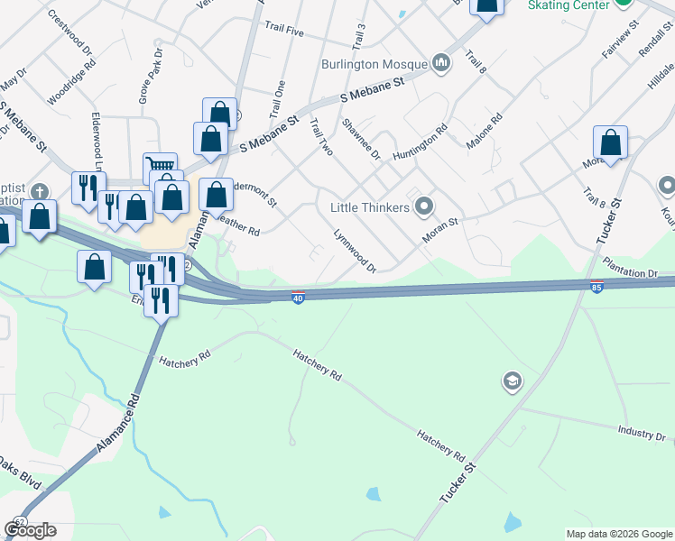 map of restaurants, bars, coffee shops, grocery stores, and more near 2727 Kirkwood Drive in Burlington