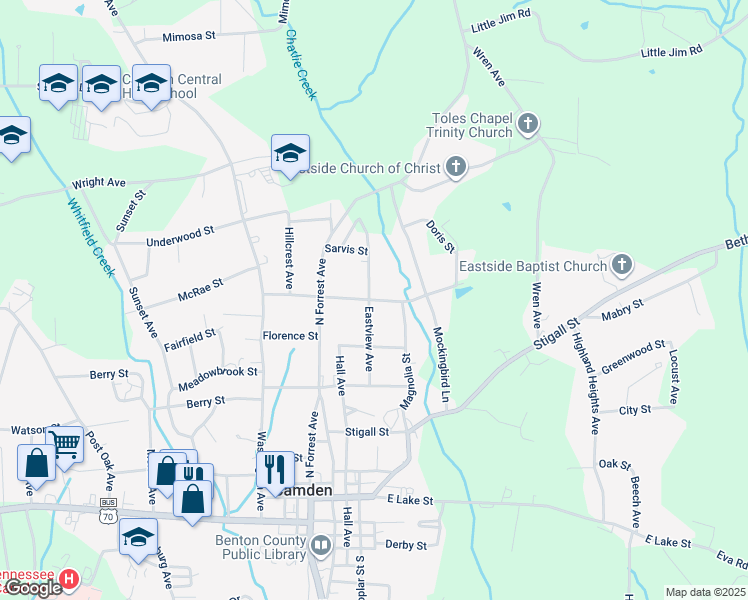 map of restaurants, bars, coffee shops, grocery stores, and more near East Frazier Street in Camden