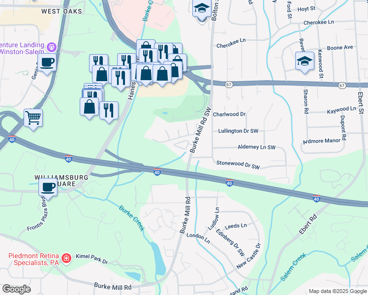 map of restaurants, bars, coffee shops, grocery stores, and more near 114 Charlestowne Circle in Winston-Salem