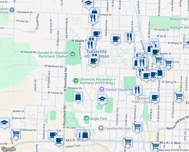 map of restaurants, bars, coffee shops, grocery stores, and more near 195 North McIlroy Avenue in Fayetteville