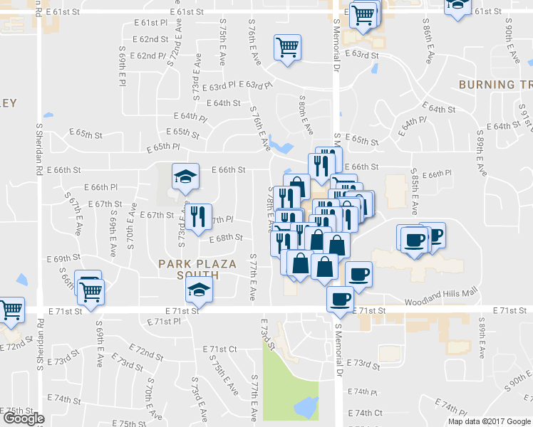 map of restaurants, bars, coffee shops, grocery stores, and more near 6728 South 78th East Avenue in Tulsa