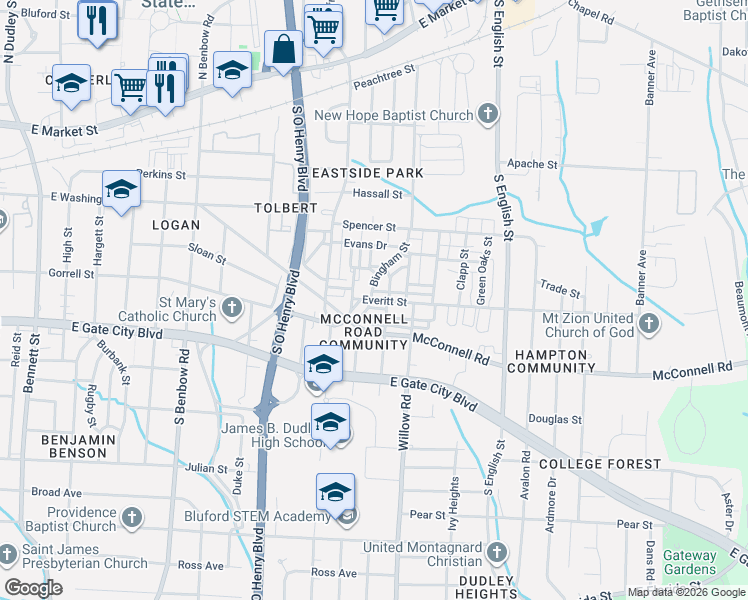 map of restaurants, bars, coffee shops, grocery stores, and more near 708 Dunbar Street in Greensboro