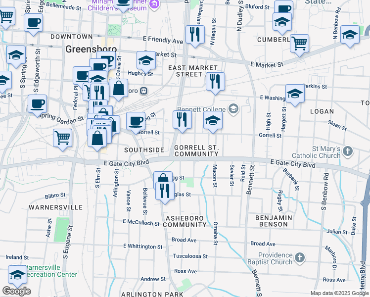 map of restaurants, bars, coffee shops, grocery stores, and more near 735 Plott Street in Greensboro