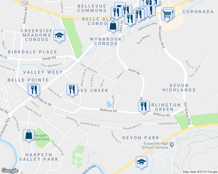 map of restaurants, bars, coffee shops, grocery stores, and more near 7204 Patten Lane in Nashville