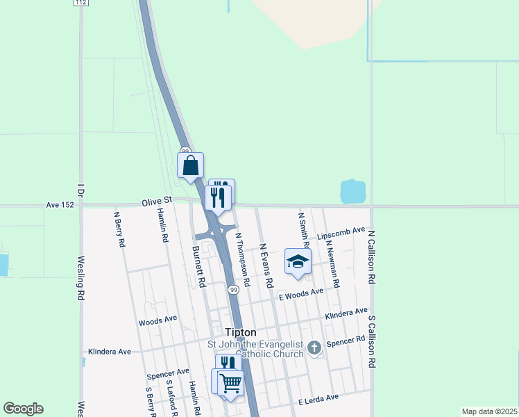 map of restaurants, bars, coffee shops, grocery stores, and more near 357 North Evans Road in Tipton