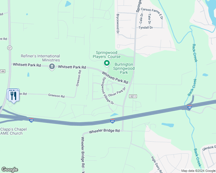 map of restaurants, bars, coffee shops, grocery stores, and more near 7369 Garett Park Drive in Whitsett