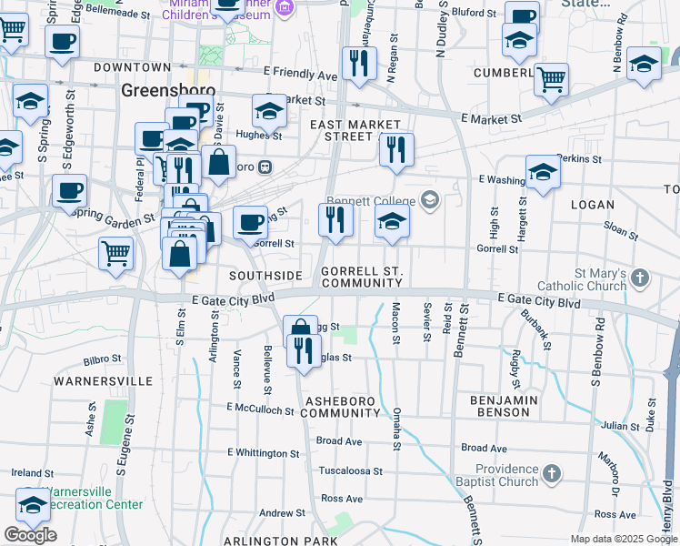 map of restaurants, bars, coffee shops, grocery stores, and more near 735 Plott Street in Greensboro