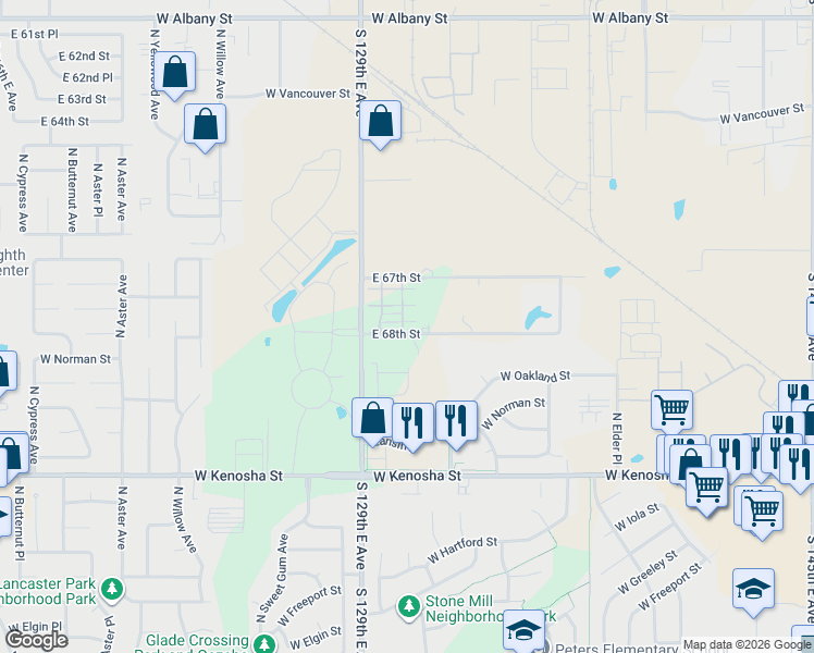map of restaurants, bars, coffee shops, grocery stores, and more near 3408 West Oakland Place in Broken Arrow