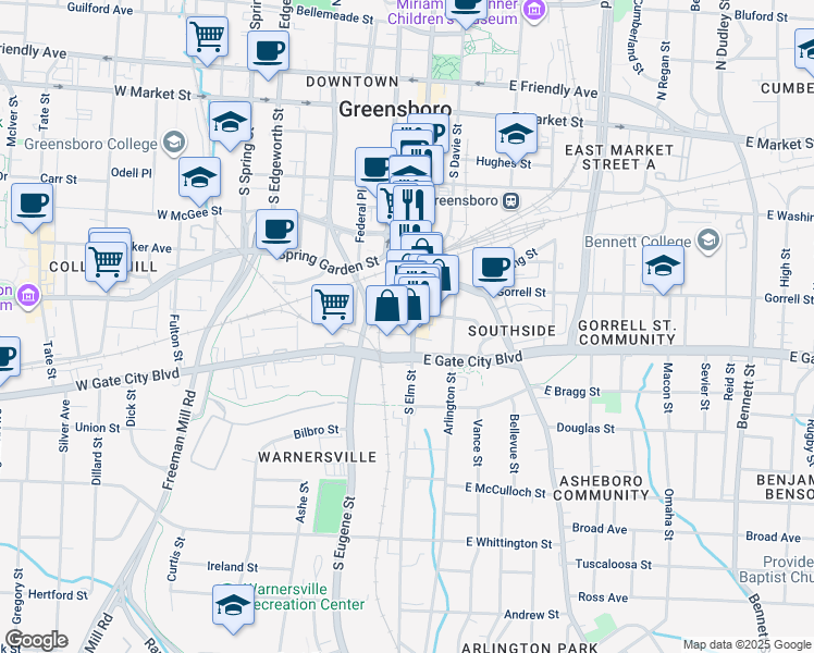map of restaurants, bars, coffee shops, grocery stores, and more near 602 South Elm Street in Greensboro