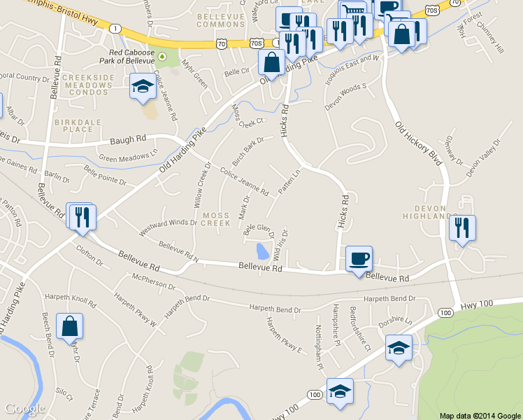 map of restaurants, bars, coffee shops, grocery stores, and more near 7204 Patten Lane in Nashville