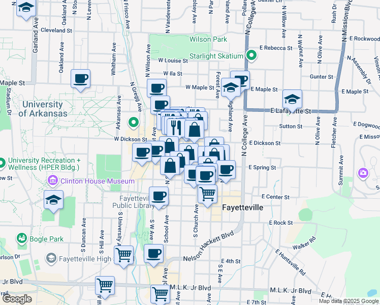 map of restaurants, bars, coffee shops, grocery stores, and more near 228 North Locust Avenue in Fayetteville