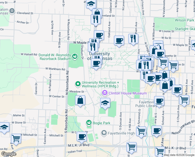 map of restaurants, bars, coffee shops, grocery stores, and more near in Fayetteville