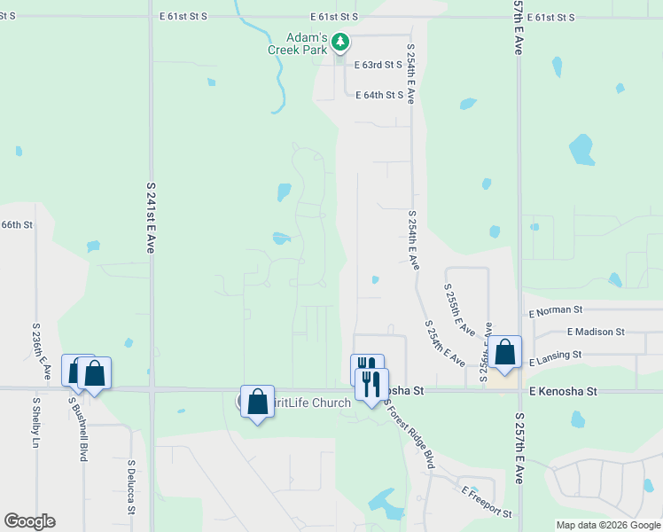 map of restaurants, bars, coffee shops, grocery stores, and more near South 249th East Avenue in Broken Arrow