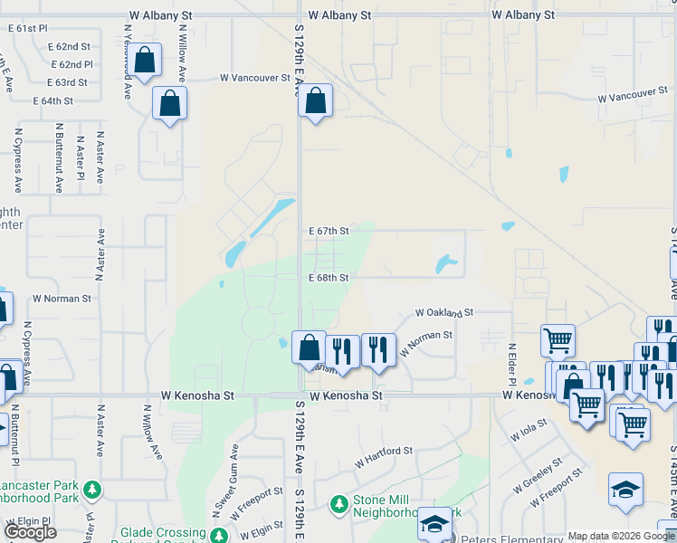 map of restaurants, bars, coffee shops, grocery stores, and more near 3408 West Oakland Place in Broken Arrow