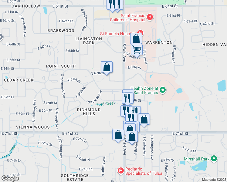 map of restaurants, bars, coffee shops, grocery stores, and more near 4600 East 67th Street in Tulsa