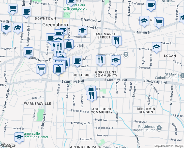 map of restaurants, bars, coffee shops, grocery stores, and more near 413 Mc Adoo Avenue in Greensboro