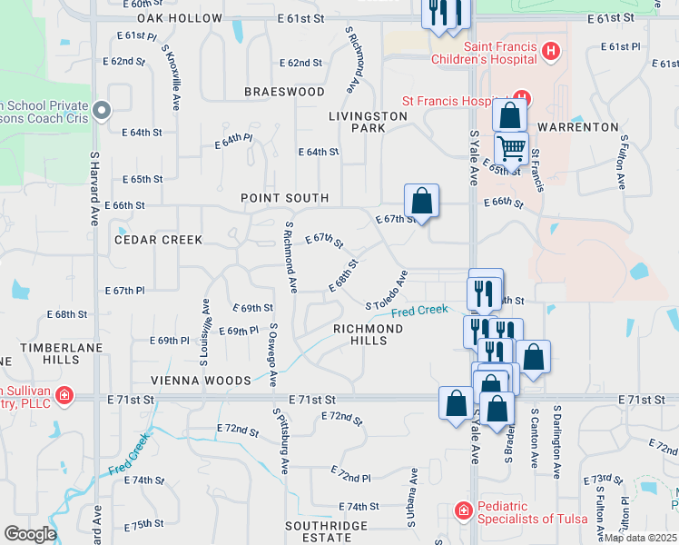 map of restaurants, bars, coffee shops, grocery stores, and more near 4422 East 68th Street in Tulsa
