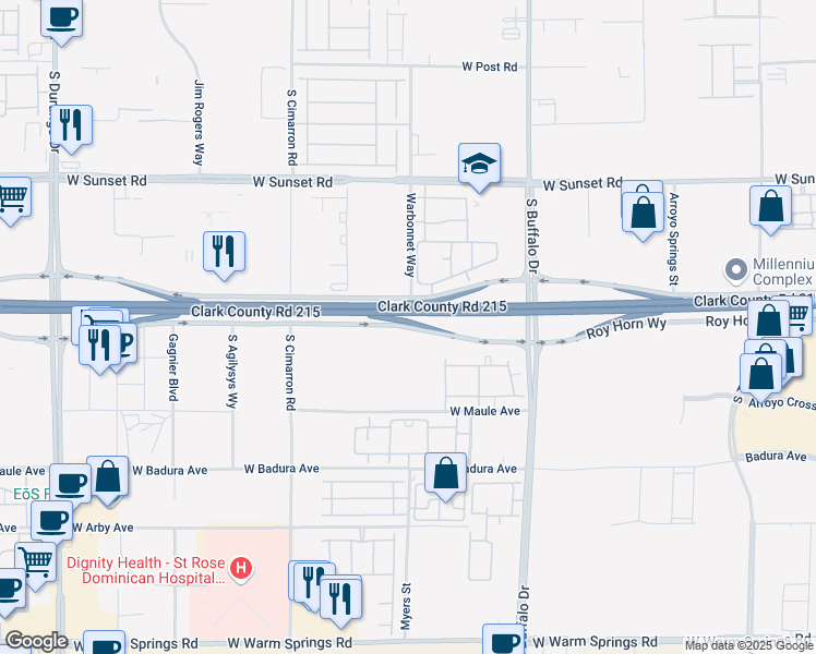 map of restaurants, bars, coffee shops, grocery stores, and more near Roy Horn Way in Las Vegas