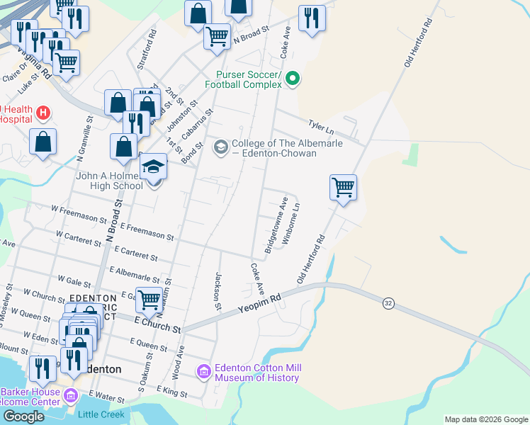 map of restaurants, bars, coffee shops, grocery stores, and more near 104 Belvedere Lane in Edenton