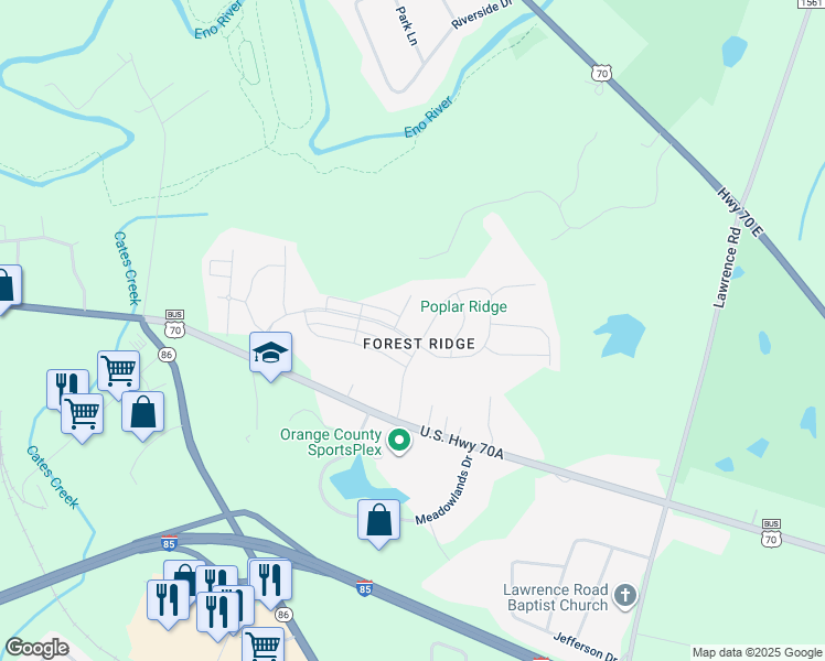 map of restaurants, bars, coffee shops, grocery stores, and more near 311 Prestwood Drive in Hillsborough