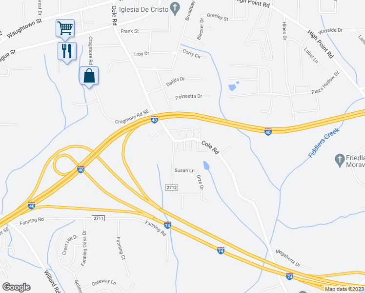 map of restaurants, bars, coffee shops, grocery stores, and more near 800 Tara Court in Winston-Salem