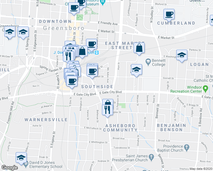 map of restaurants, bars, coffee shops, grocery stores, and more near 201 McAdoo Avenue in Greensboro