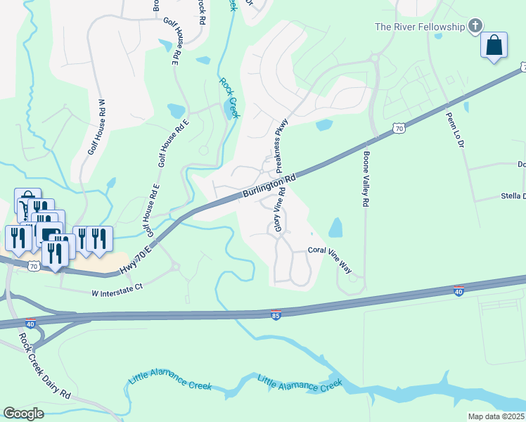 map of restaurants, bars, coffee shops, grocery stores, and more near 6316 Inkberry Drive in Whitsett