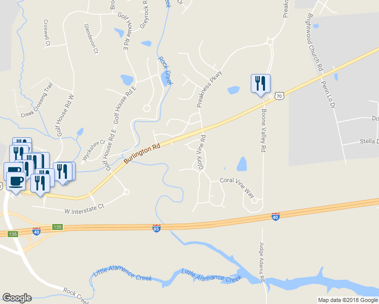map of restaurants, bars, coffee shops, grocery stores, and more near 6316 Inkberry Drive in Whitsett