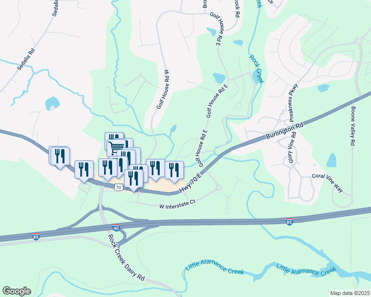map of restaurants, bars, coffee shops, grocery stores, and more near 948 Wyckshire Court in Whitsett
