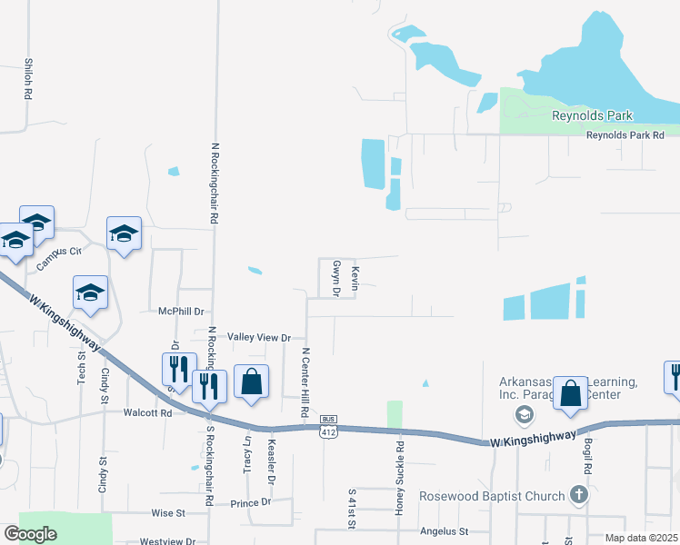 map of restaurants, bars, coffee shops, grocery stores, and more near 607 Gwyn Drive in Paragould
