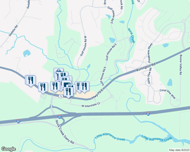 map of restaurants, bars, coffee shops, grocery stores, and more near 948 Wyckshire Court in Whitsett
