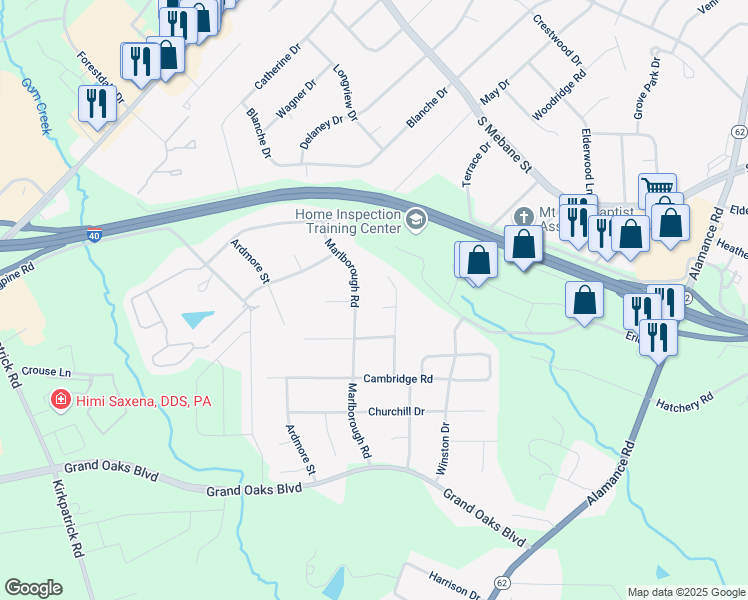 map of restaurants, bars, coffee shops, grocery stores, and more near 2919 Juniper Dr in Burlington