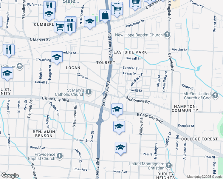 map of restaurants, bars, coffee shops, grocery stores, and more near 1716 McConnell Road in Greensboro